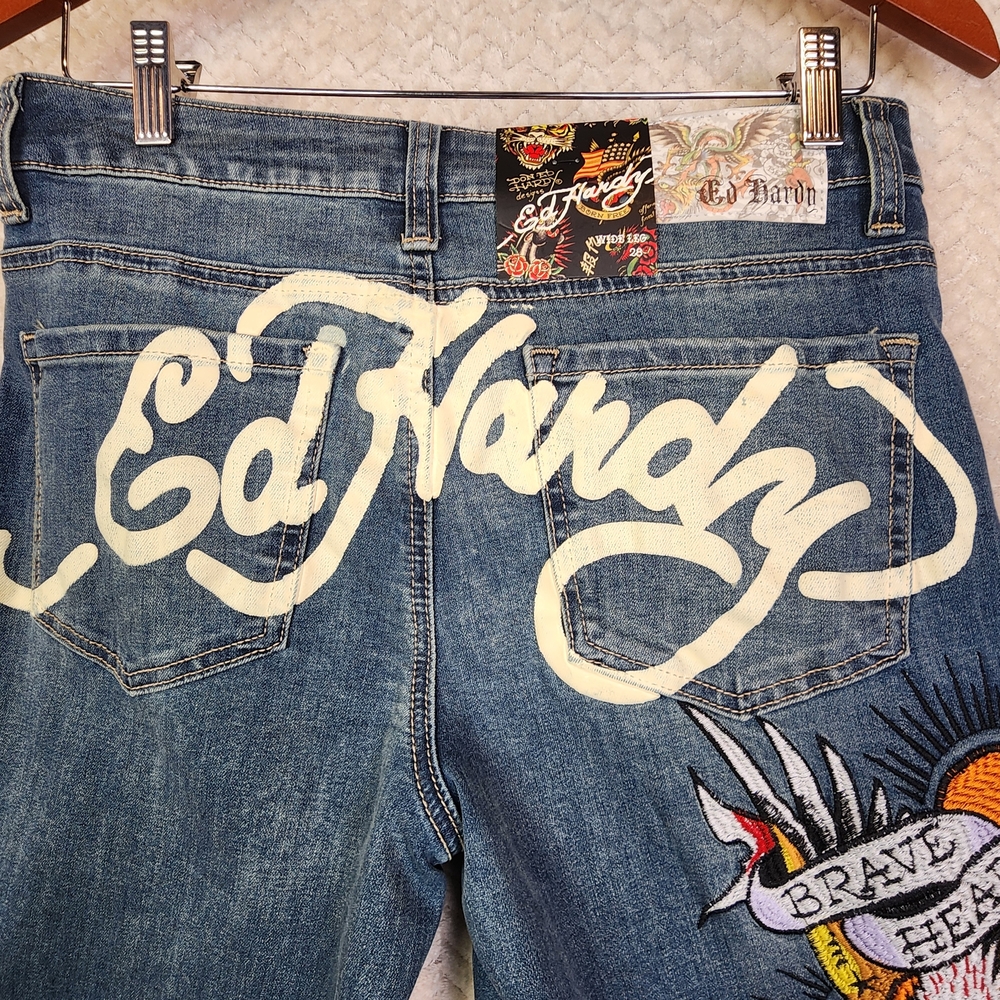 Ed Hardy Wide-Leg Jeans Embroidered Tattoo Graphic Mens Sz 28 WEHD8300-2 NWT - Picture 10 of 16